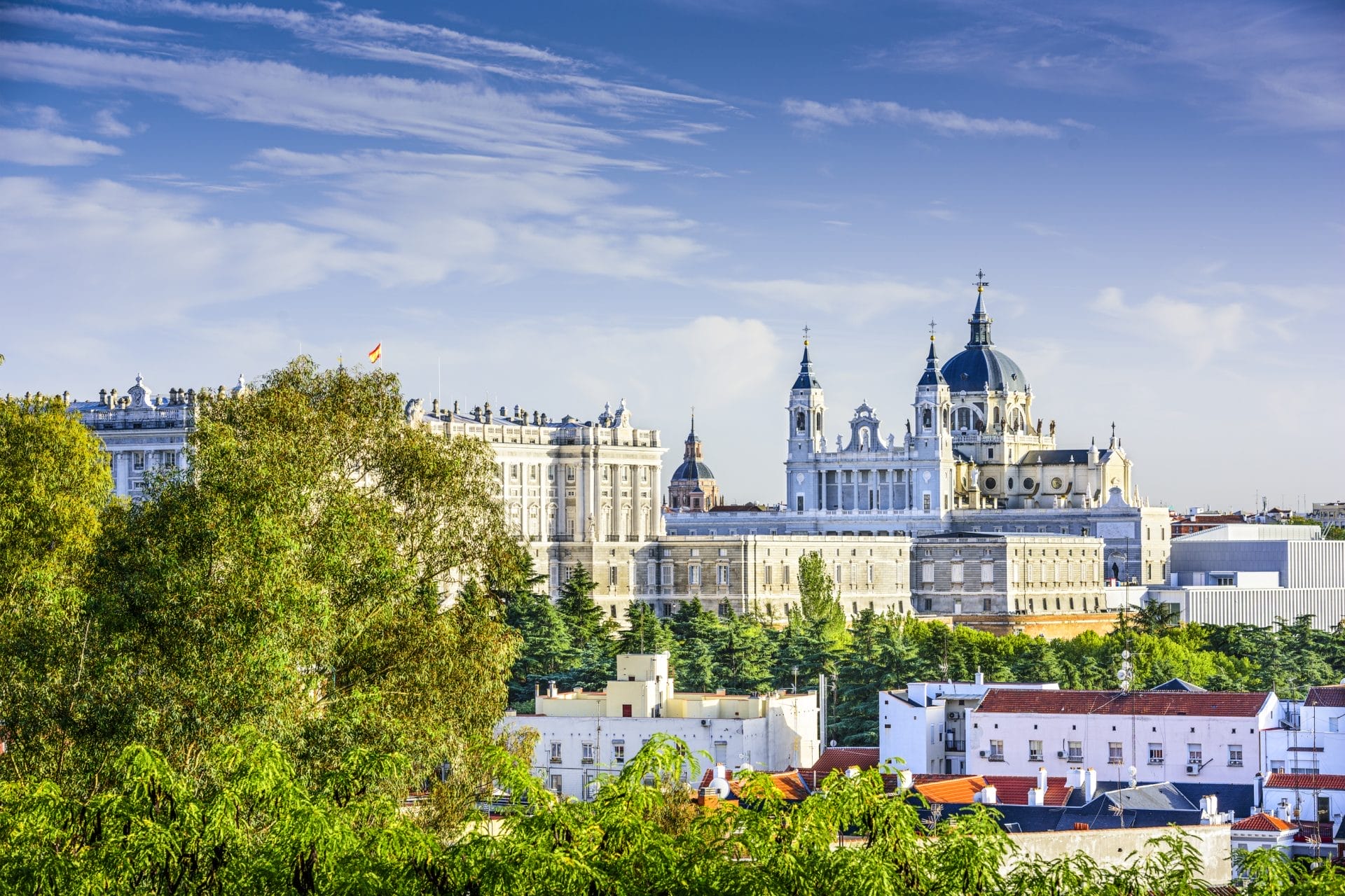 Madrid skyline with Almudena Cathedral and Royal Palace