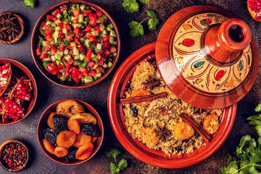 Traditional Moroccan dishes in Fes, served in ceramic dishes