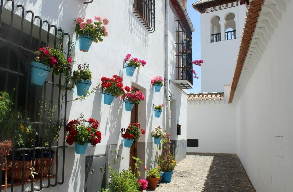 Whitewashed lane with flower pots in the Albaicín, Granada, Spain