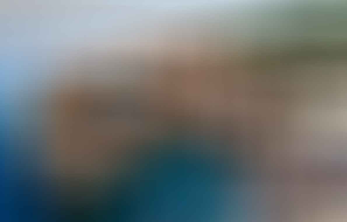 Rocky cliffs and clear blue water along a rugged coastline with sparse vegetation and distant trees under a clear sky.