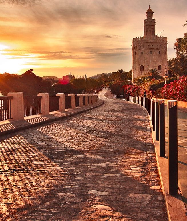 Cobblestone path leading to the Torre del Oro in Seville, Spain, at sunset with warm light casting long shadows and flowering bushes on the side.