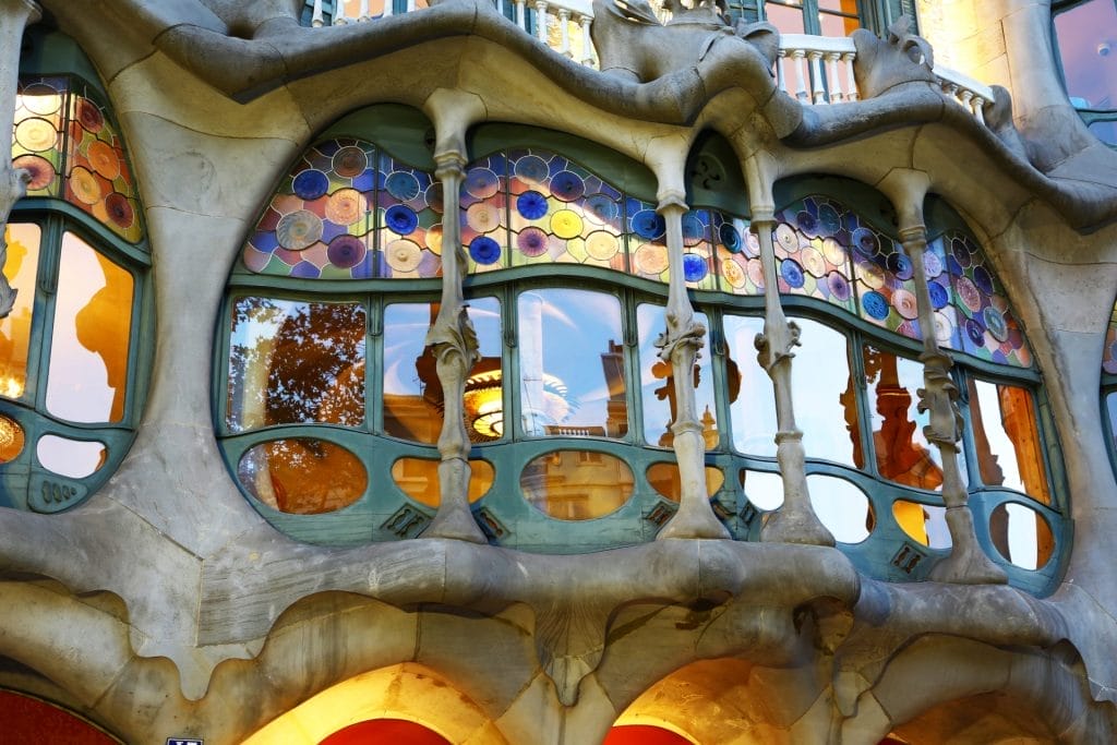 Mosaic window frames on the façade of Casa Batlló, Barcelona, Spain