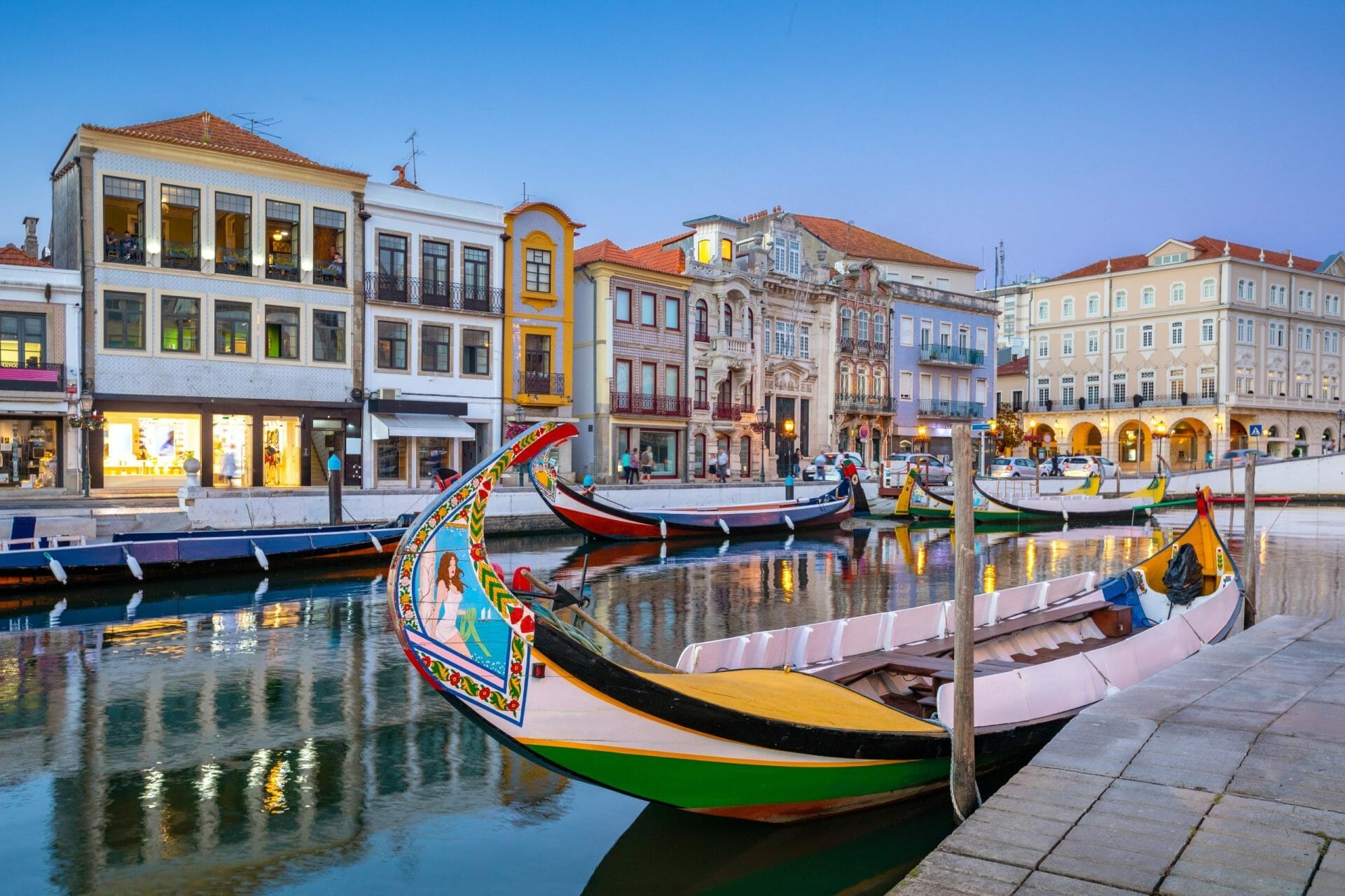 City of aveiro in the north of portugal with the water canals by night.
