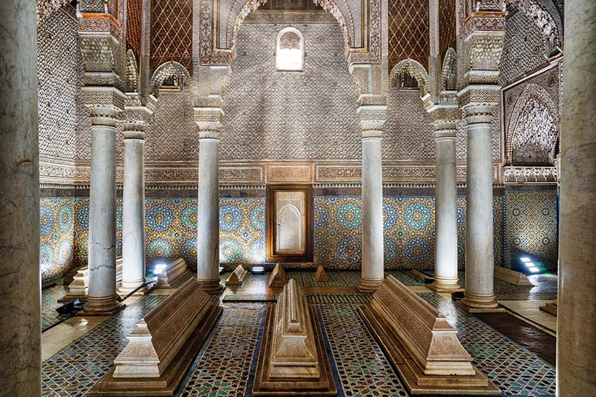 Marble columns and tilework inside the Saadian Tombs in Marrakech