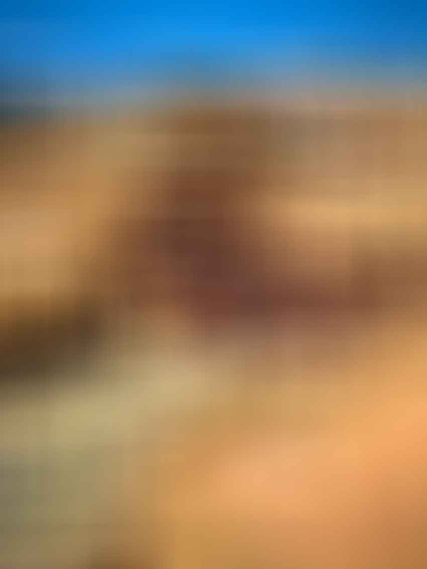 View of a traditional tannery with vats of dye and workers, surrounded by yellow-brown buildings under a blue sky in an old city.