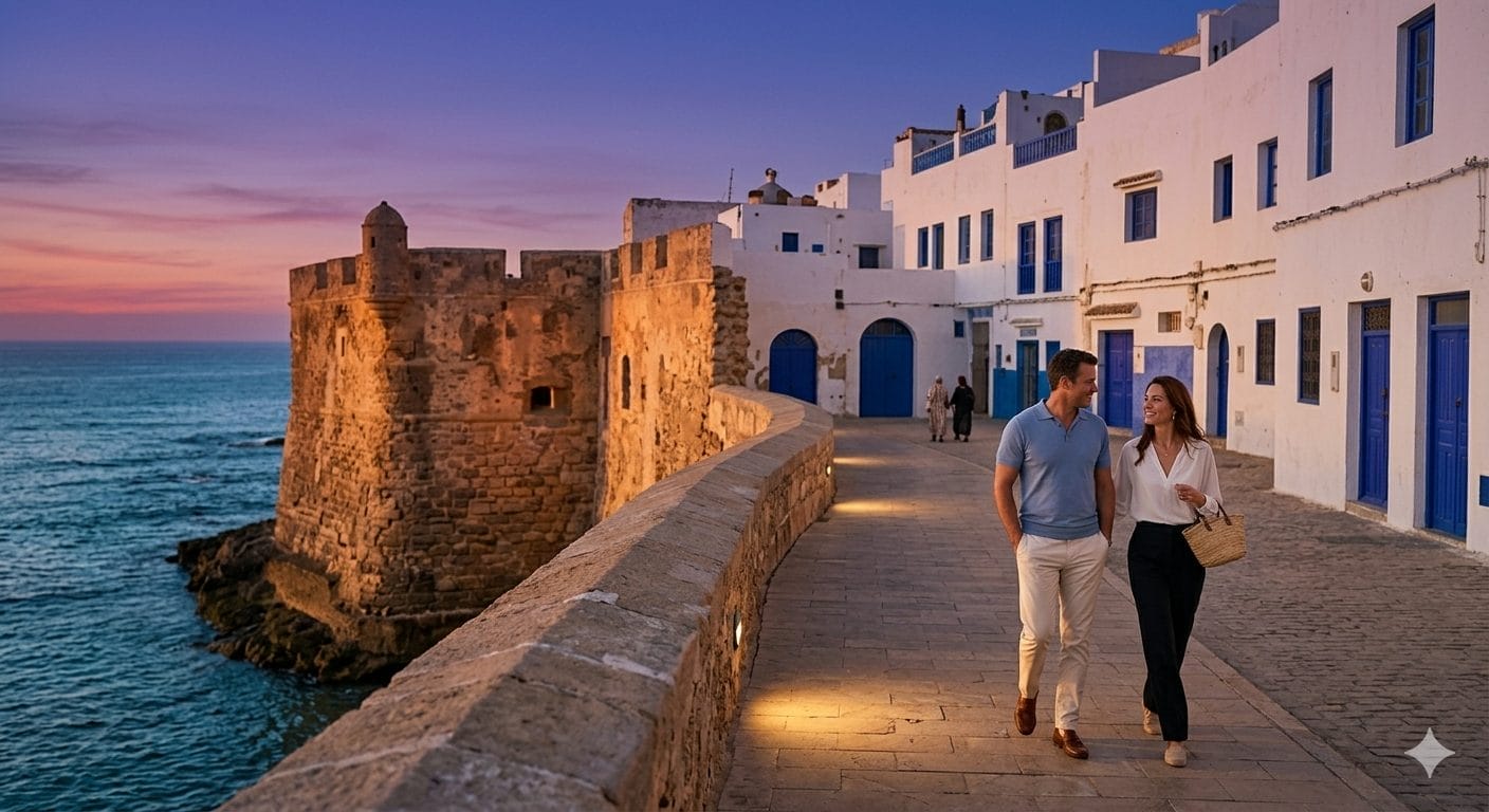 A couple walks along a stone pathway by the sea at sunset, next to historic white buildings with blue doors and an old stone tower.