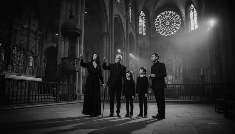 Multi-generational family enjoying private guided tour of historic Spanish cathedral