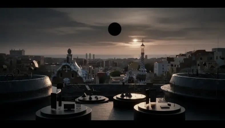 Elegant Barcelona cityscape featuring Park Güell's colorful mosaics and Mediterranean coastline at sunset