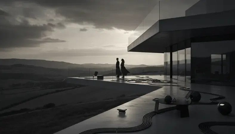 Elegant travelers exploring a private Spanish villa with panoramic views of rolling countryside