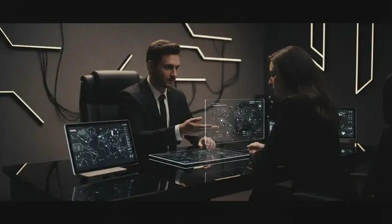 Luxury travel consultant reviewing custom Spain itinerary with clients in an elegant office setting