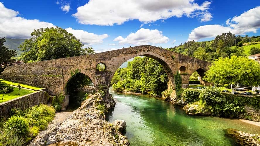 Medieval Roman bridge over the Sella River in Cangas de Onís, Asturias, Spain