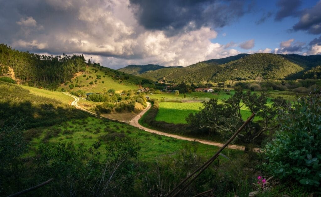 A winding dirt road cuts through green fields and rolling hills under a partly cloudy sky, with scattered trees and distant houses—capturing the tranquil scenery often explored on Alentejo Portugal private tours.