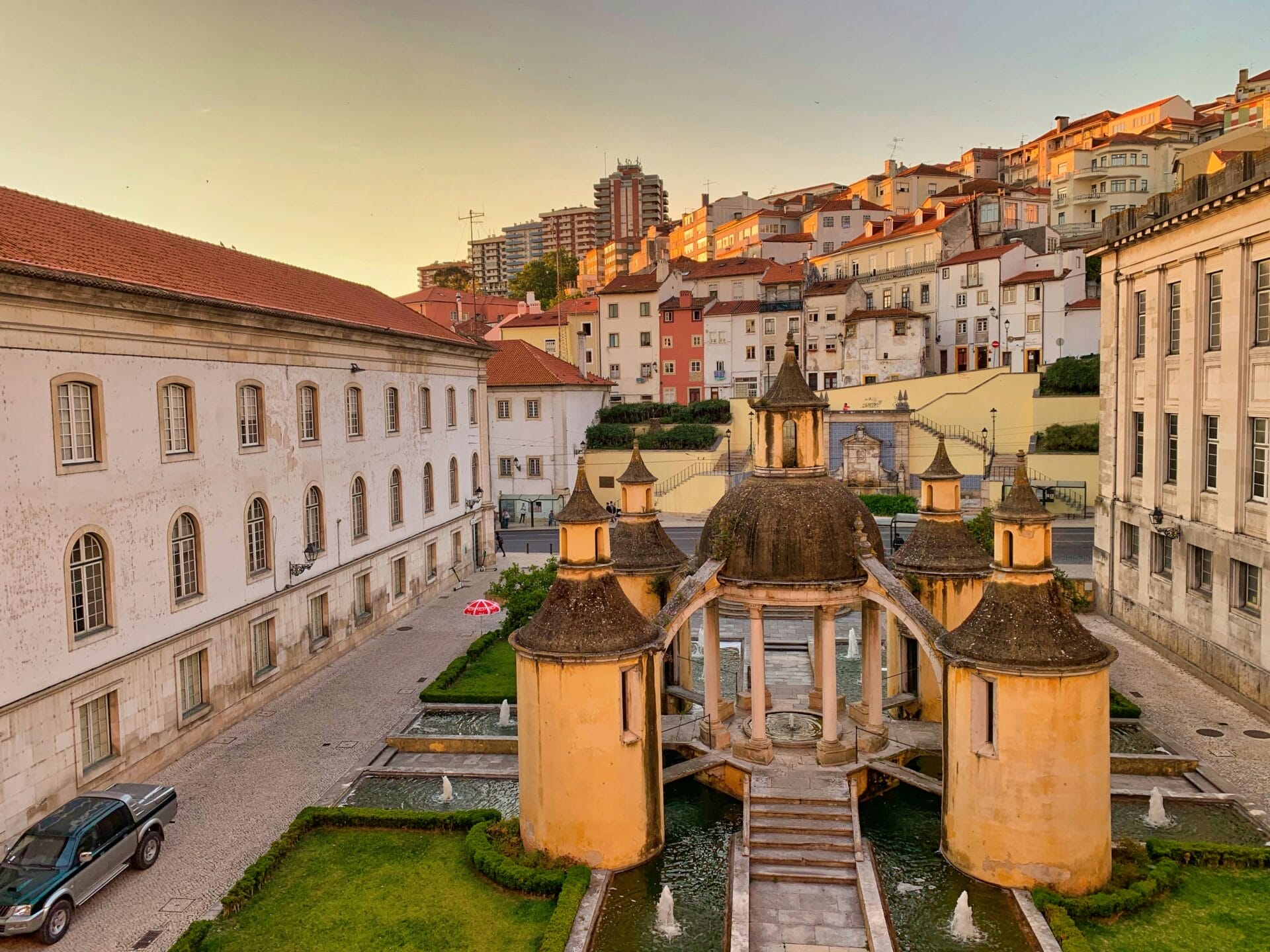 Jardim da Manga fountain with its domed pavilion and four round towers, Coimbra, Portugal