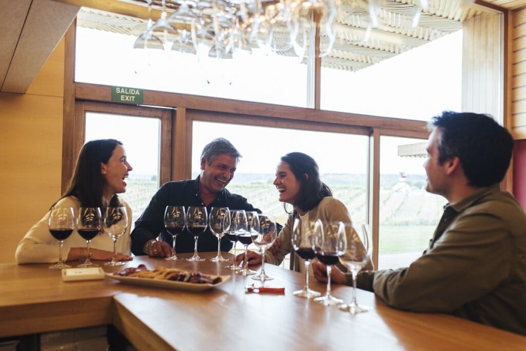 Friends tasting Rioja wine in a winery wine bar above the vineyards, La Rioja, Spain